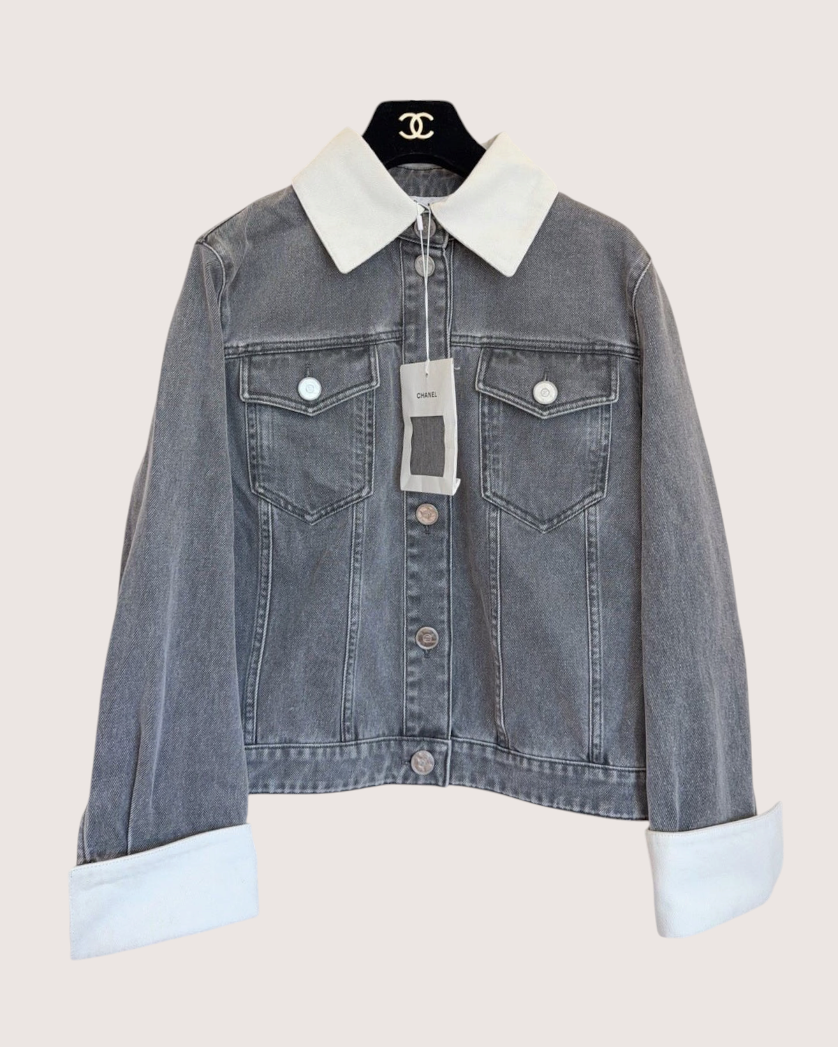 Chanel 25P Contrast-Trim Denim Jacket Grey, Beige/Ecru FR 34