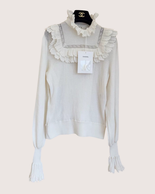 Chanel 20B Fringe-Trim Sweater White FR 36