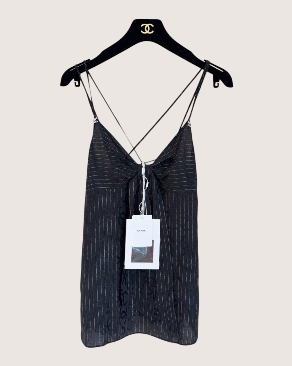 Chanel 23P Striped Crystal CC Camisole Top Black, Silver FR 36