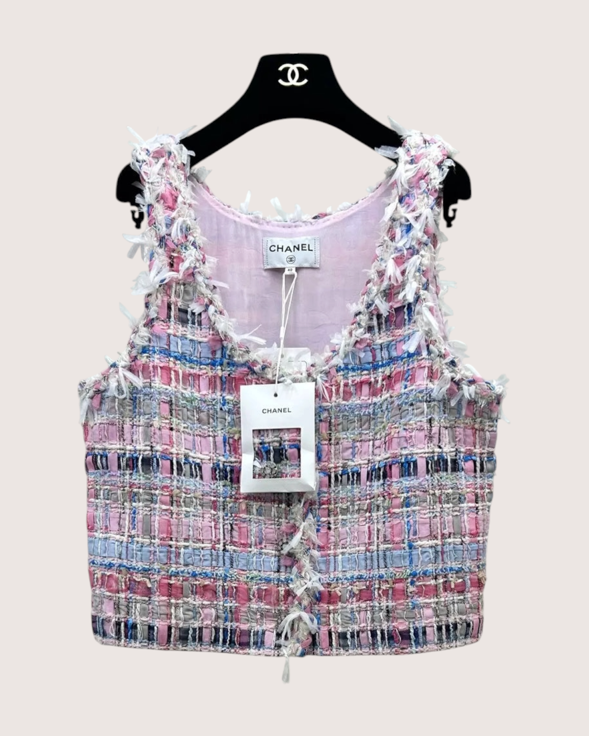 Chanel 25S Wool Fringe Tweed Vest Pink, Blue, Multicolor FR 40