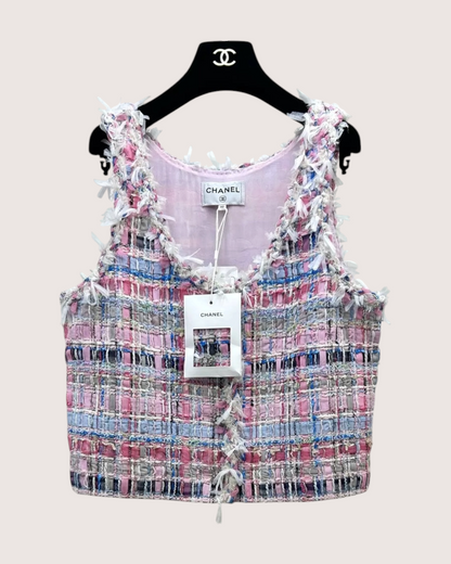 Chanel 25S Wool Fringe Tweed Vest Pink, Blue, Multicolor FR 40