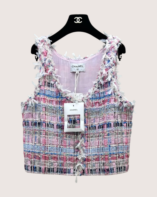 Chanel 25S Wool Fringe Tweed Vest Pink, Blue, Multicolor FR 40