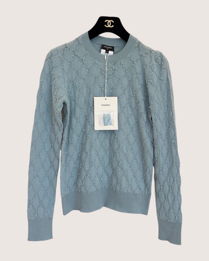 Chanel 24K Cashmere Fringe Diamond CC Sweater Blue FR 34