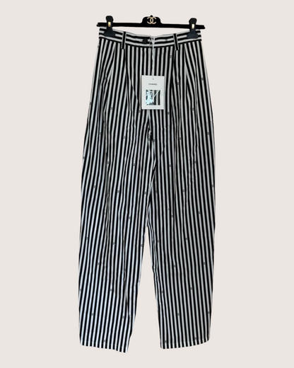 Chanel 25S CC Striped Wide-Leg Trousers Black, White FR 34