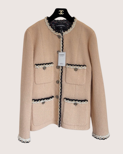 Chanel 24A Pearl-Trim Four-Pocket Tweed Jacket Pink, Black, White FR 38