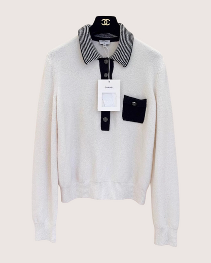 Chanel Bouclé-Trim Polo Sweater Beige/Ecru, Black FR 36