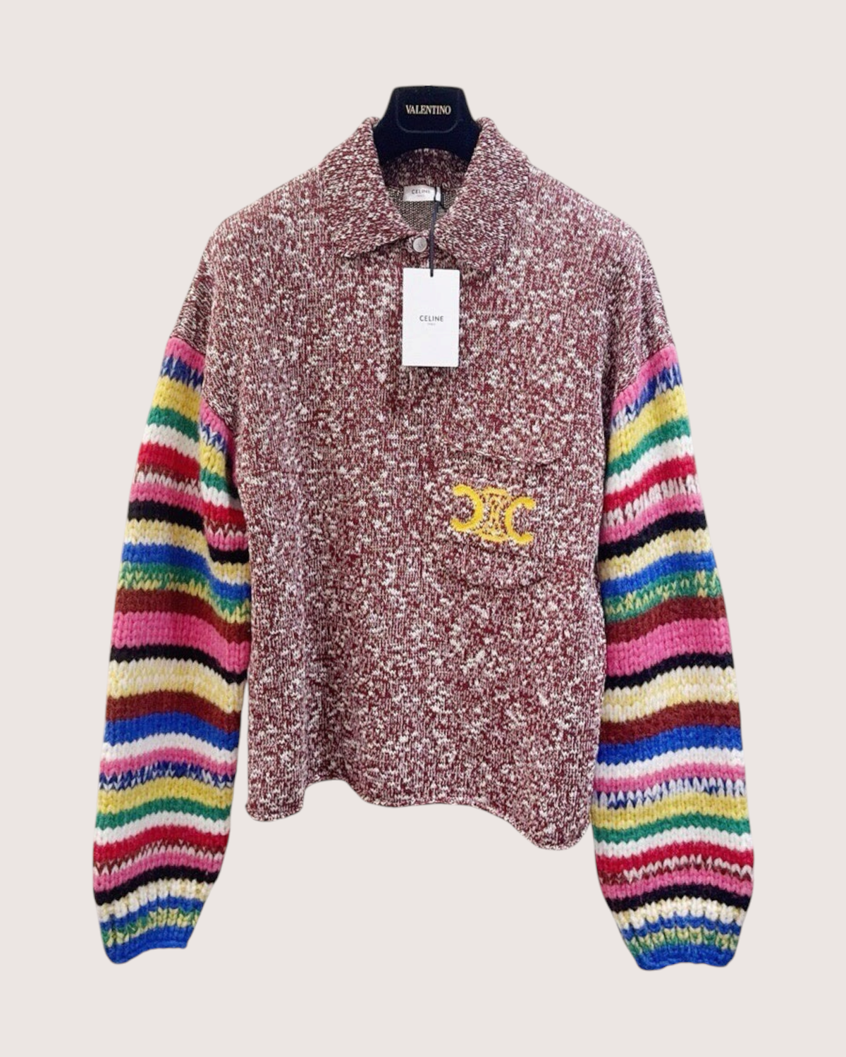 Celine Striped-Sleeve Sweater Burgundy, Beige/Ecru, Multicolor FR 36