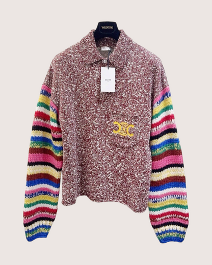 Celine Striped-Sleeve Sweater Burgundy, Beige/Ecru, Multicolor FR 36