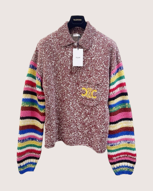 Celine Striped-Sleeve Sweater Burgundy, Beige/Ecru, Multicolor FR 36