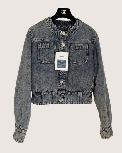 Chanel 25B Cropped Washed Denim Jacket Blue FR 34