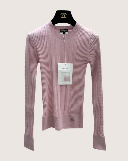 Chanel 22K Cashmere Ribbed CC Sweater Pink FR 38