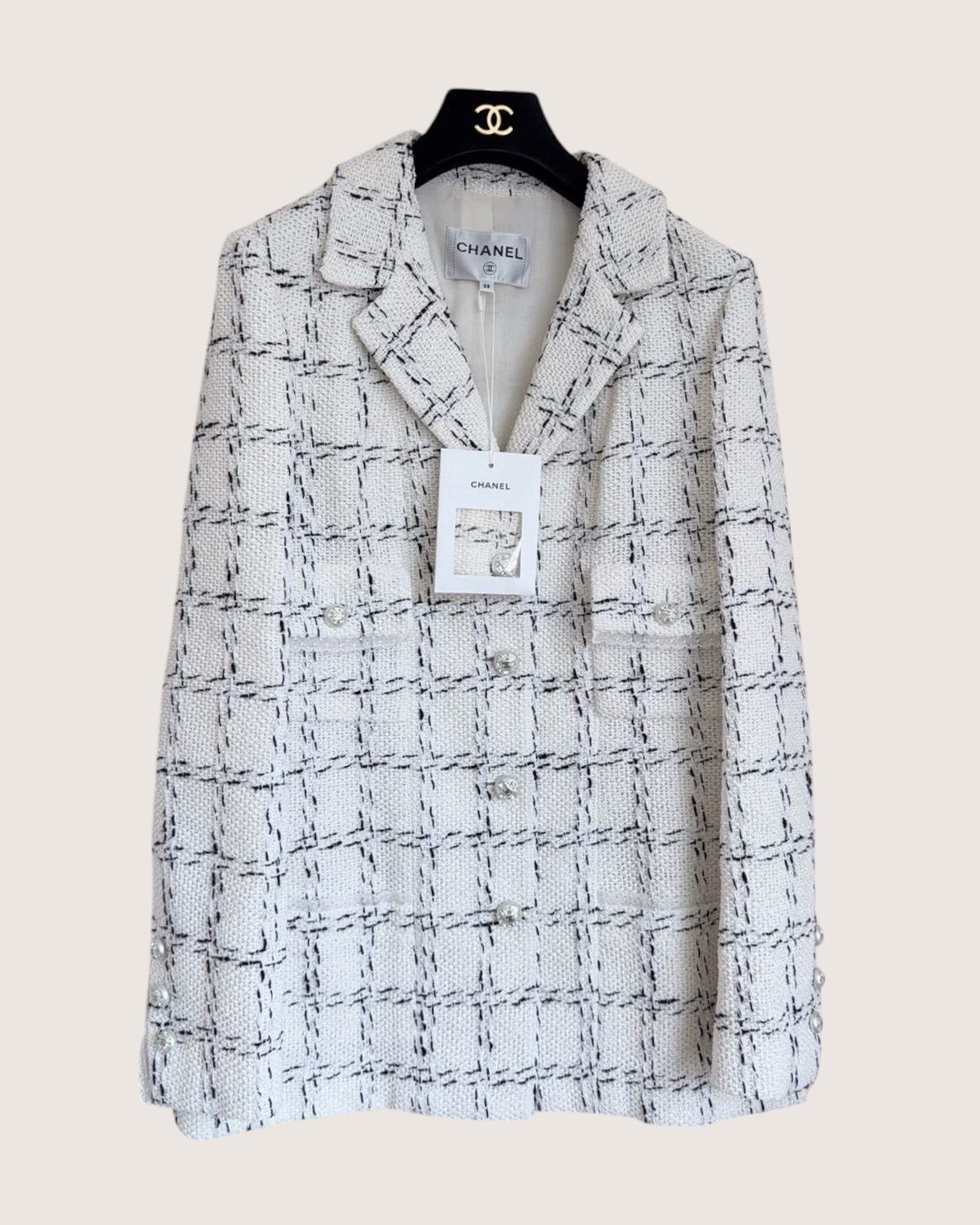 Chanel 23S Windowpane Tweed Jacket White, Black FR 40