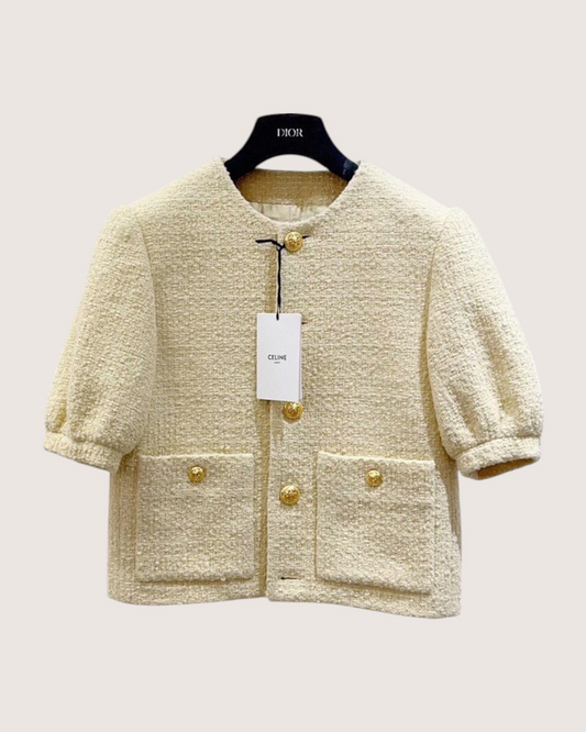 Celine Cropped Tweed Jacket Yellow