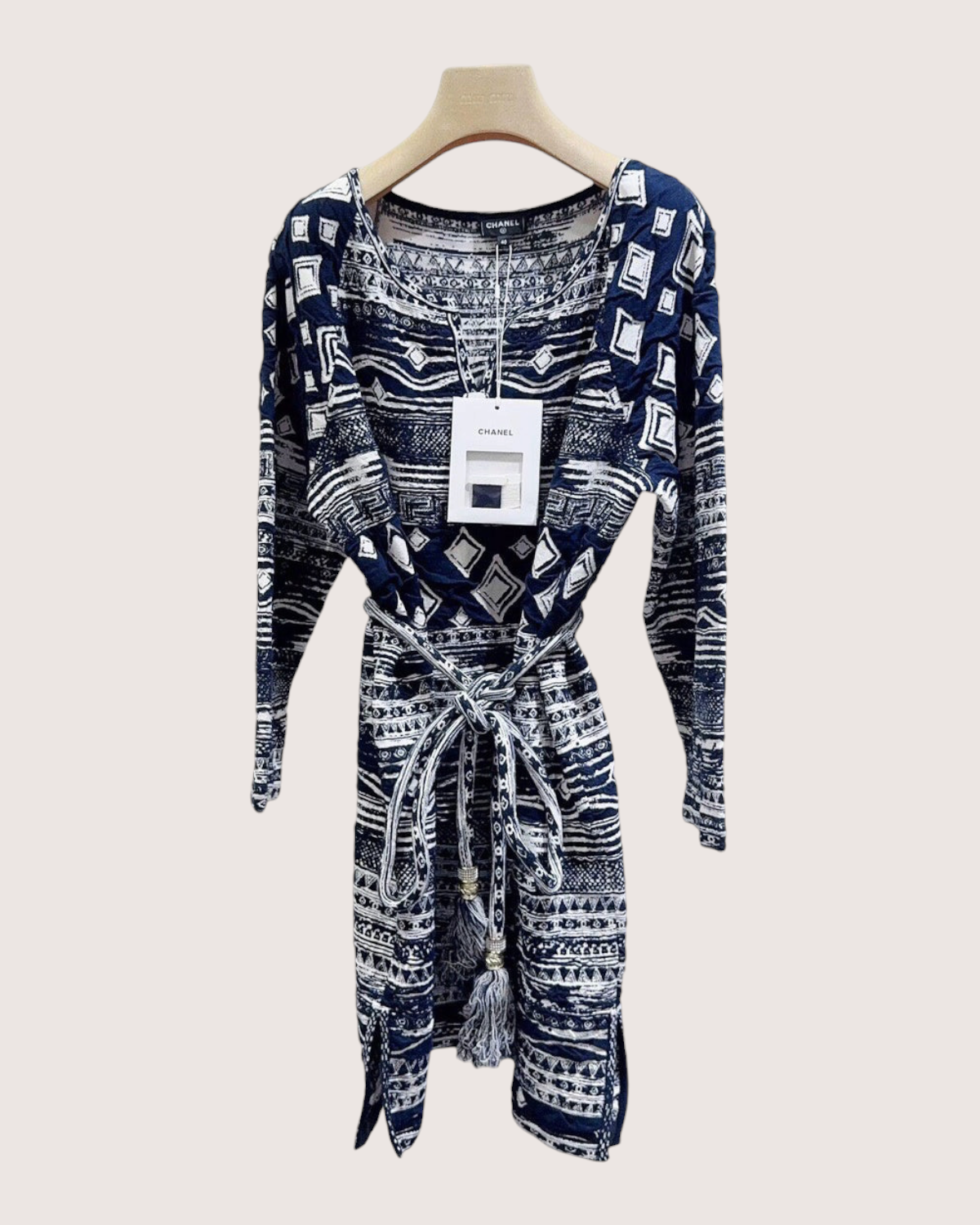 Chanel 18C Geometric-Print Wrap Mid-Length Dress Navy, White FR 40