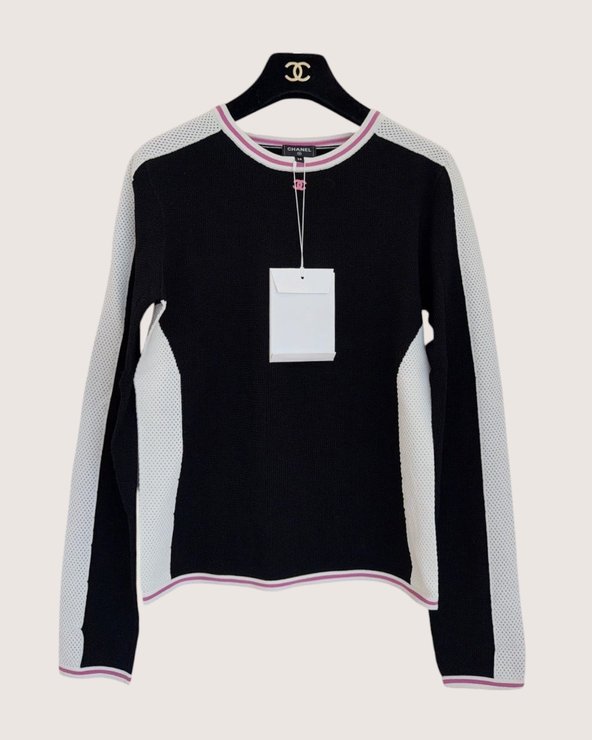 Chanel 23N Coco Neige CC Mesh-Panel Sweater Black, White, Pink FR 38
