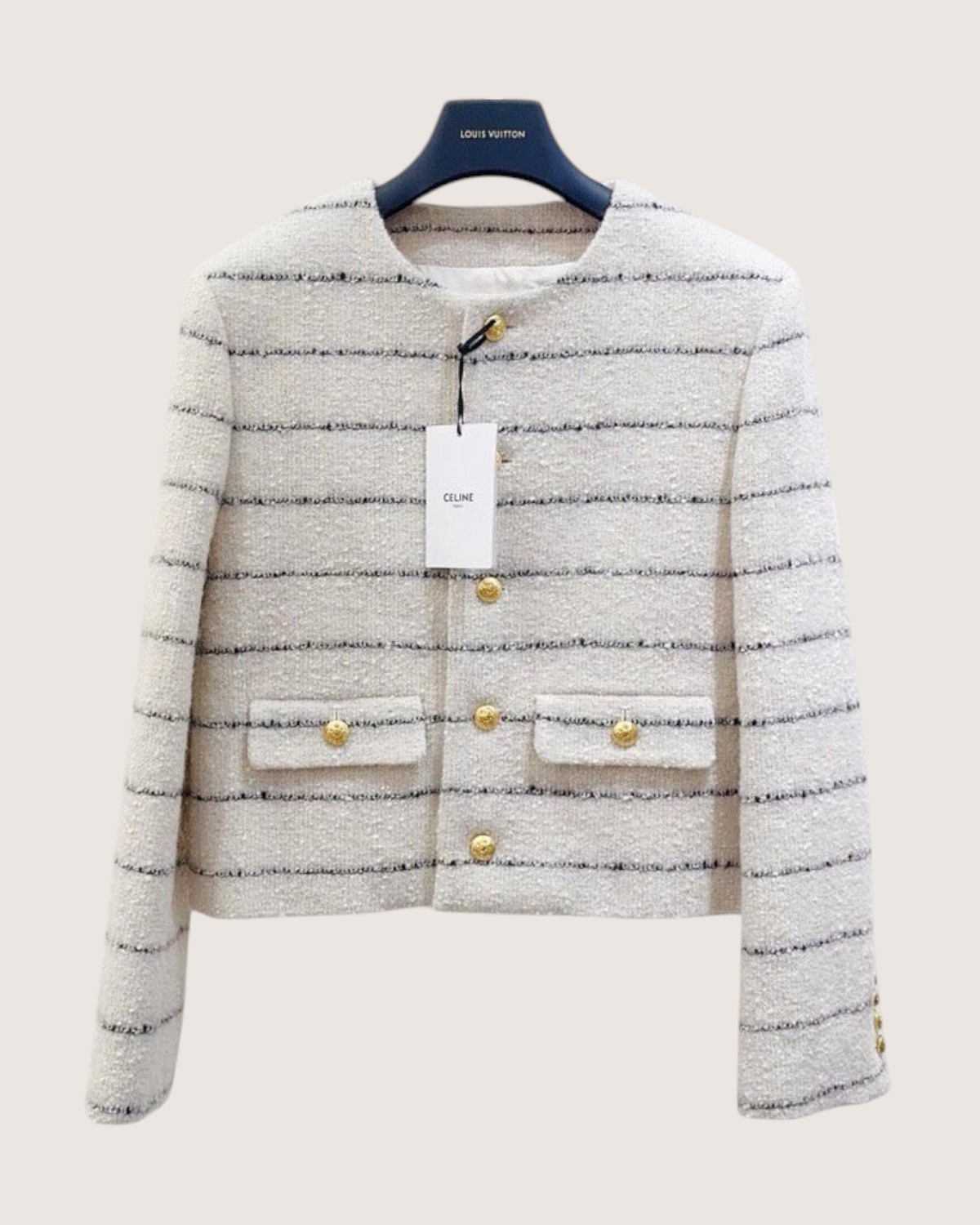 Celine Striped Tweed Jacket Beige/Ecru, Navy FR 36