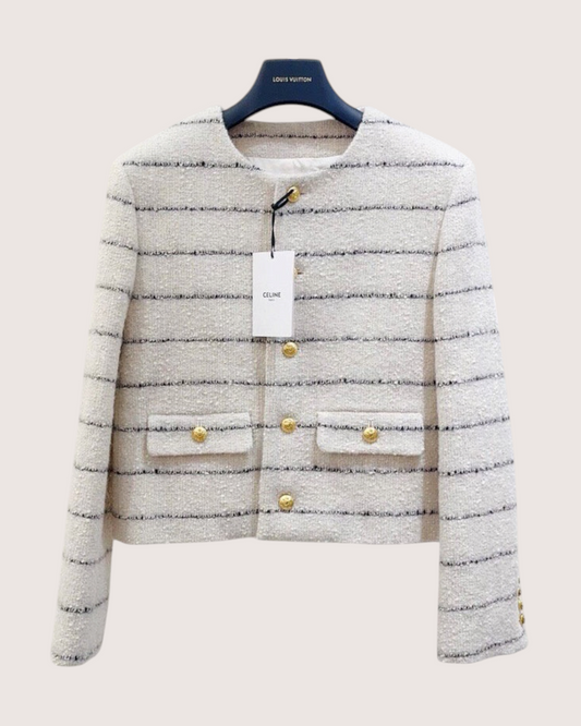 Celine Striped Tweed Jacket Beige/Ecru, Navy FR 36