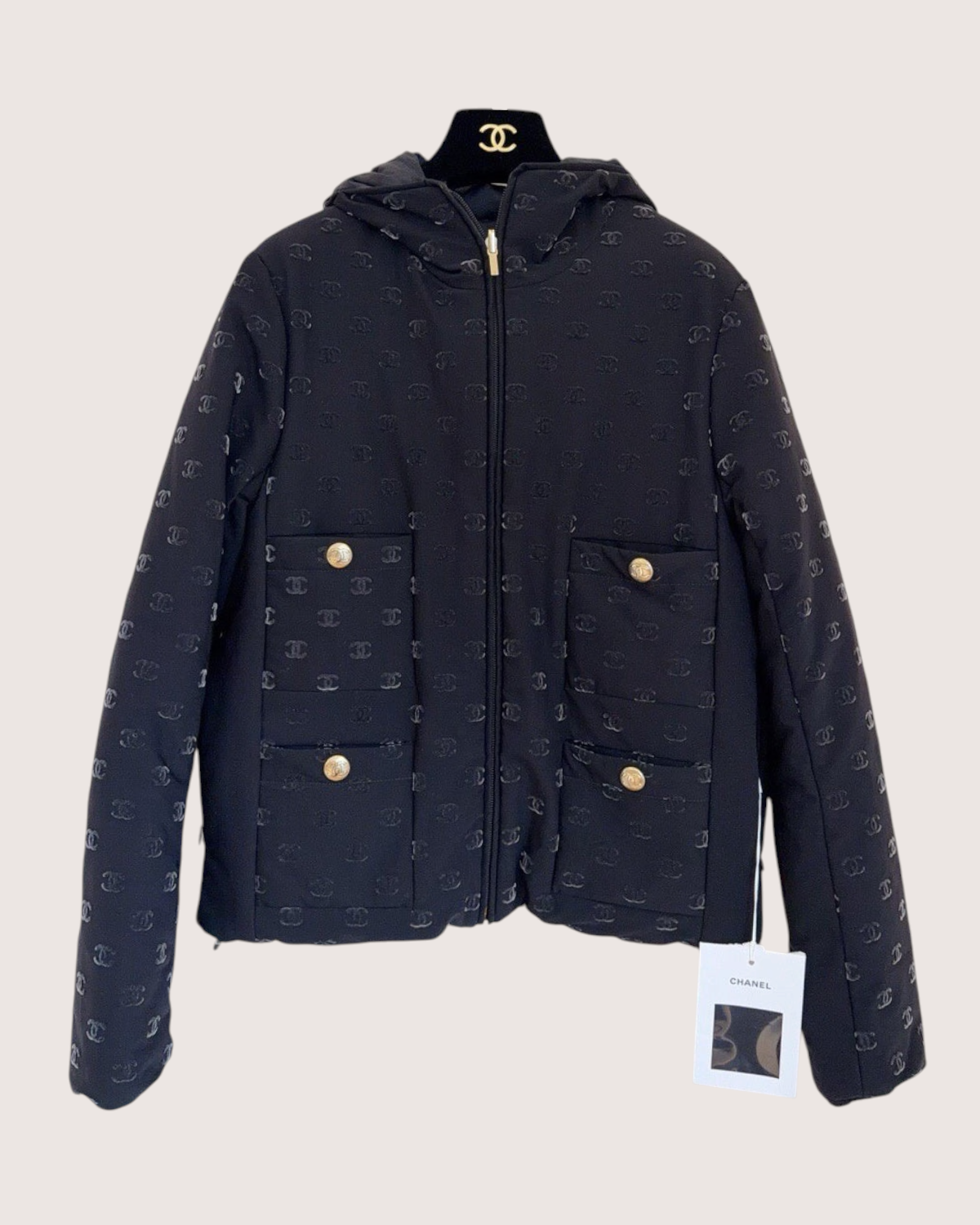 Chanel 22N Coco Neige CC Jacquard Hooded Jacket Black FR 36