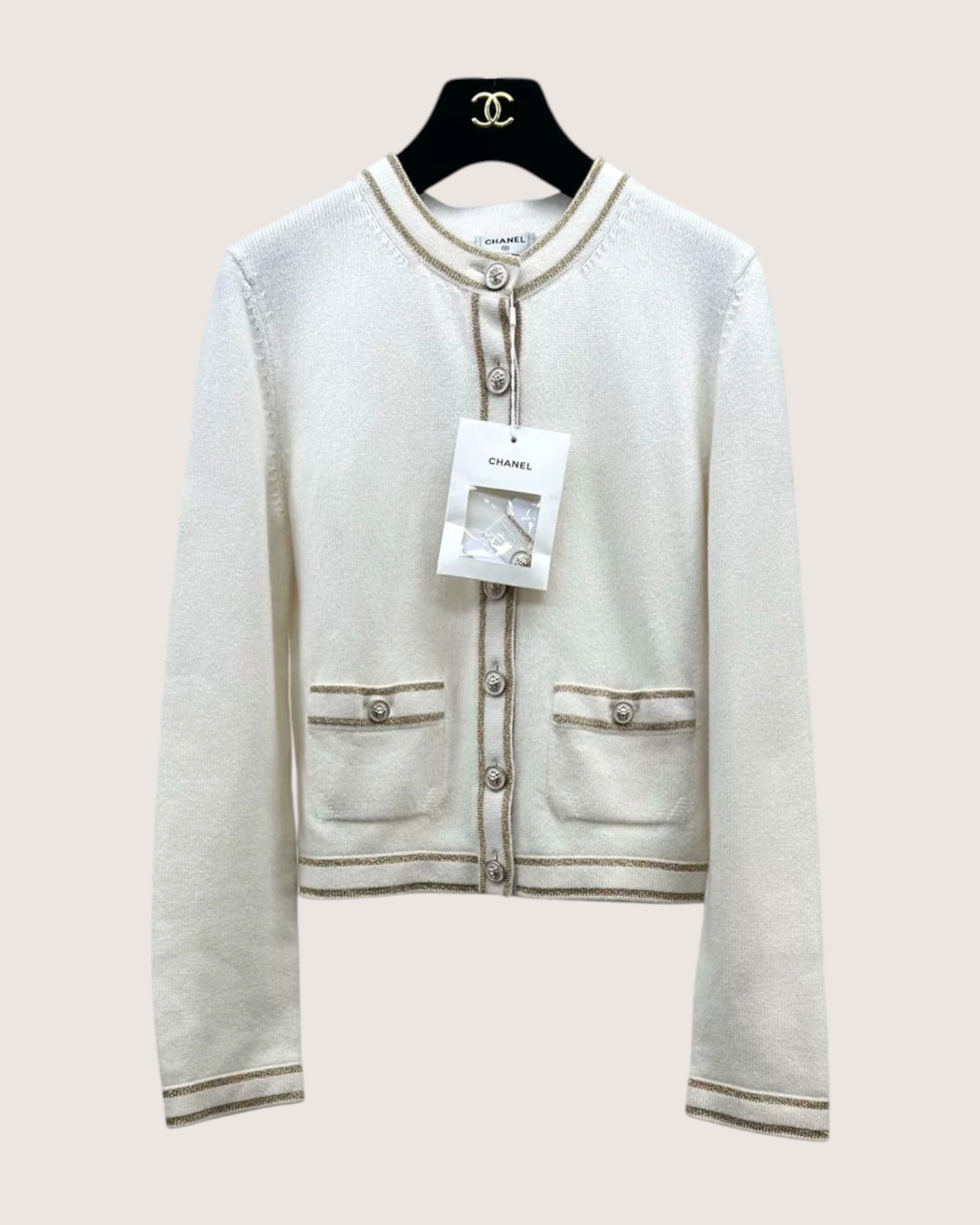 Chanel 26C Cashmere Cardigan White, Gold, Beige/Ecru FR 34