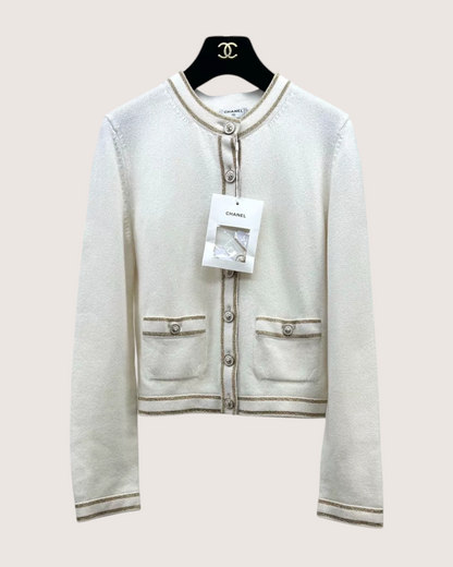 Chanel 26C Cashmere Cardigan White, Gold, Beige/Ecru FR 34