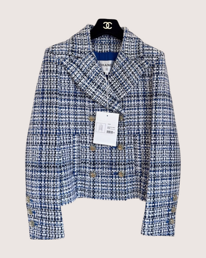 Chanel 20P Checked Tweed Jacket Blue, White, Navy FR 34
