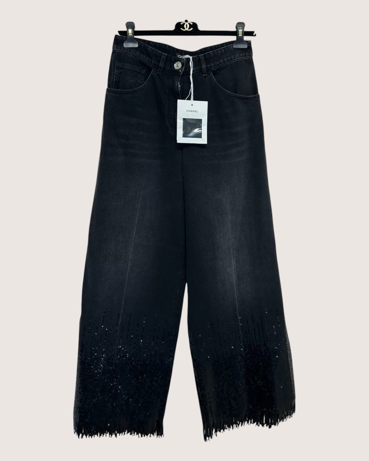 Chanel 24B Sequined Fringe Wide-Leg Denim Jeans Black FR 40