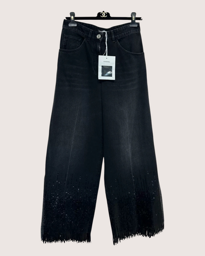 Chanel 24B Sequined Fringe Wide-Leg Denim Jeans Black FR 40