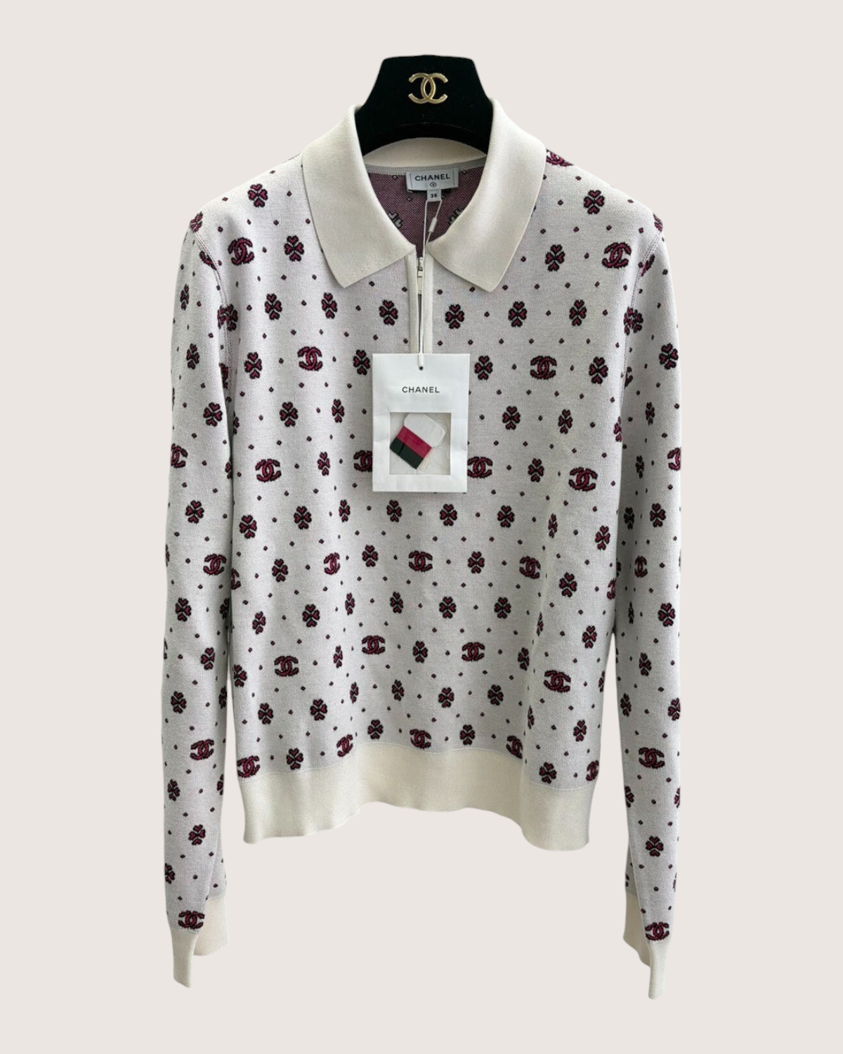 Chanel 23P CC Logo Zip-Up Polo Top Beige/Ecru, Burgundy, Black, Multicolor FR 38
