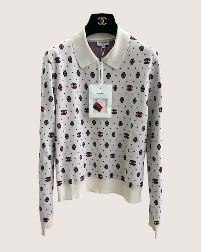 Chanel 23P CC Logo Zip-Up Polo Top Beige/Ecru, Burgundy, Black, Multicolor FR 38