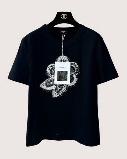 Chanel 23K Sequin Camellia Logo T-Shirt Black, White FR 38