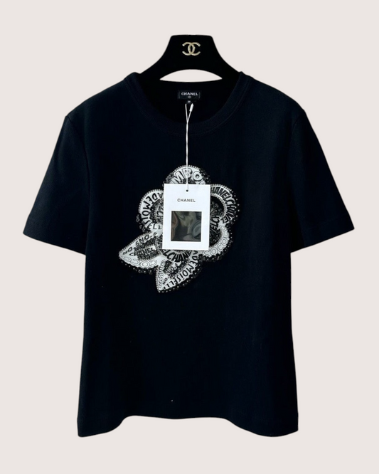 Chanel 23K Sequin Camellia Logo T-Shirt Black, White FR 38