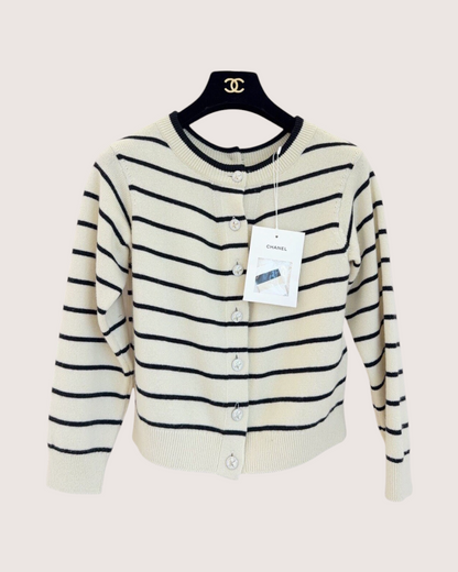 Chanel 25S Cashmere Striped Cardigan Beige/Ecru, Black FR 36