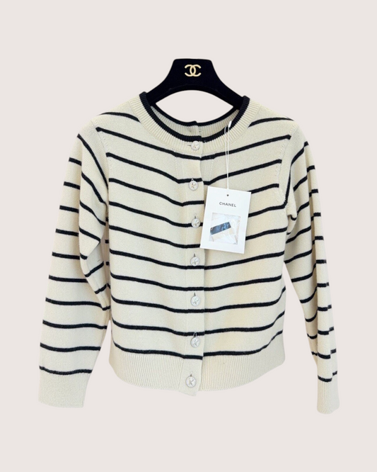 Chanel 25S Cashmere Striped Cardigan Beige/Ecru, Black FR 36