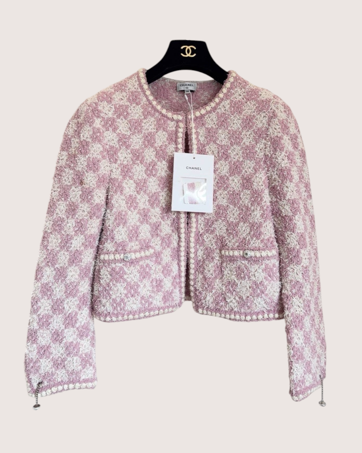 Chanel 23S Cropped Plaid Cardigan Pink, White FR 38