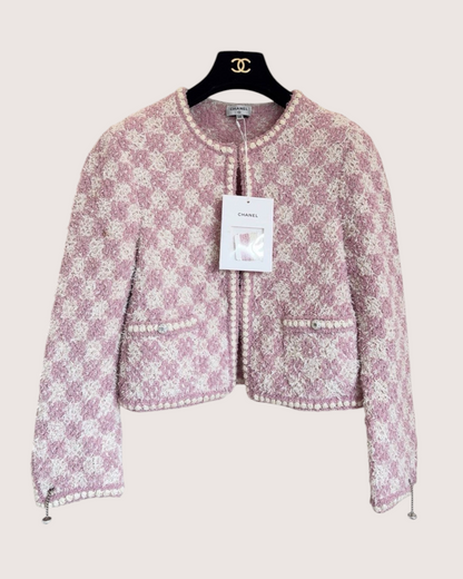 Chanel 23S Cropped Plaid Cardigan Pink, White FR 38