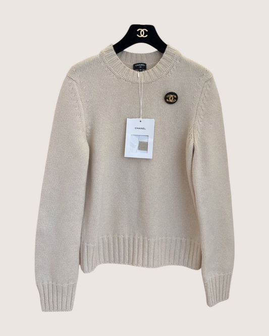 Chanel 26A Cashmere CC Badge Sweater Beige/Ecru FR 38
