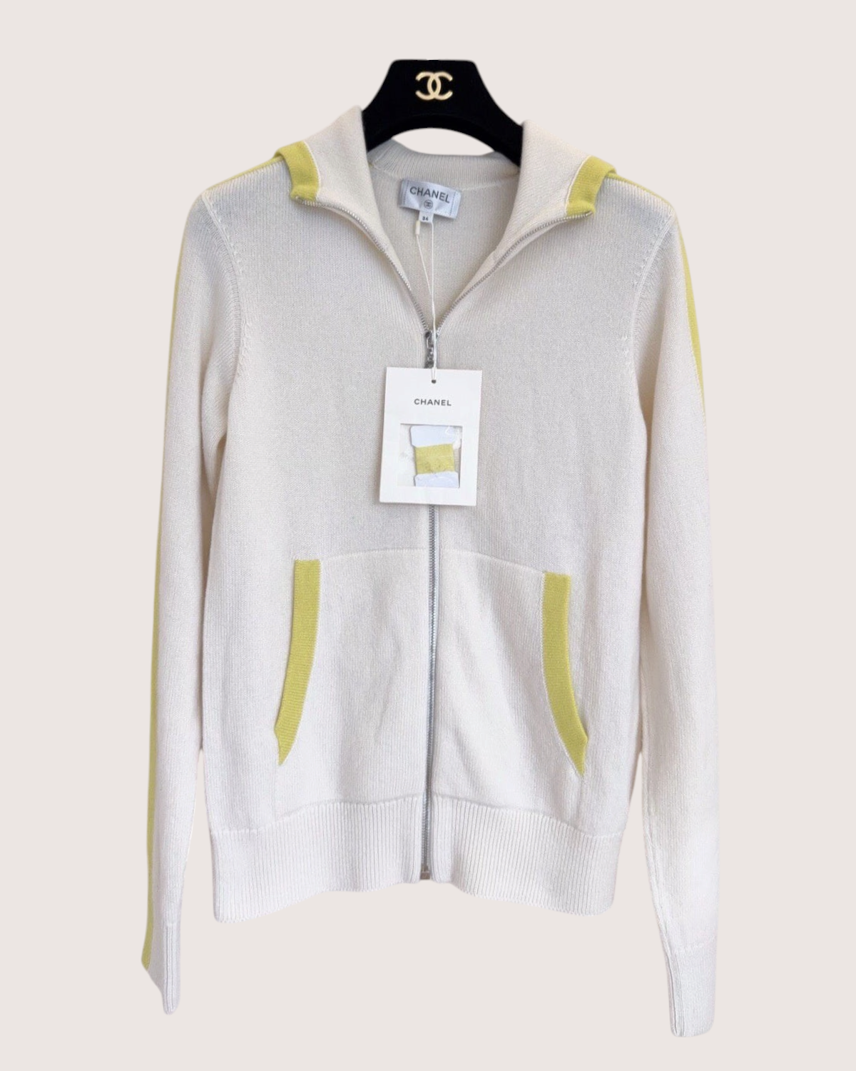 Chanel 25C Cashmere Contrast-Trim Hooded Zip-Up Cardigan Beige/Ecru, Yellow FR 34