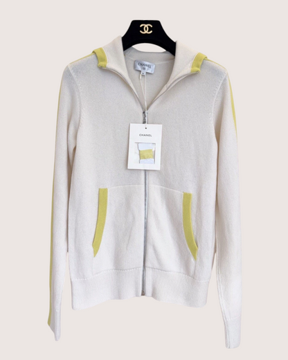 Chanel 25C Cashmere Contrast-Trim Hooded Zip-Up Cardigan Beige/Ecru, Yellow FR 34