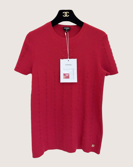 Chanel 21A CC Ribbed Short-Sleeve Top Red FR 42