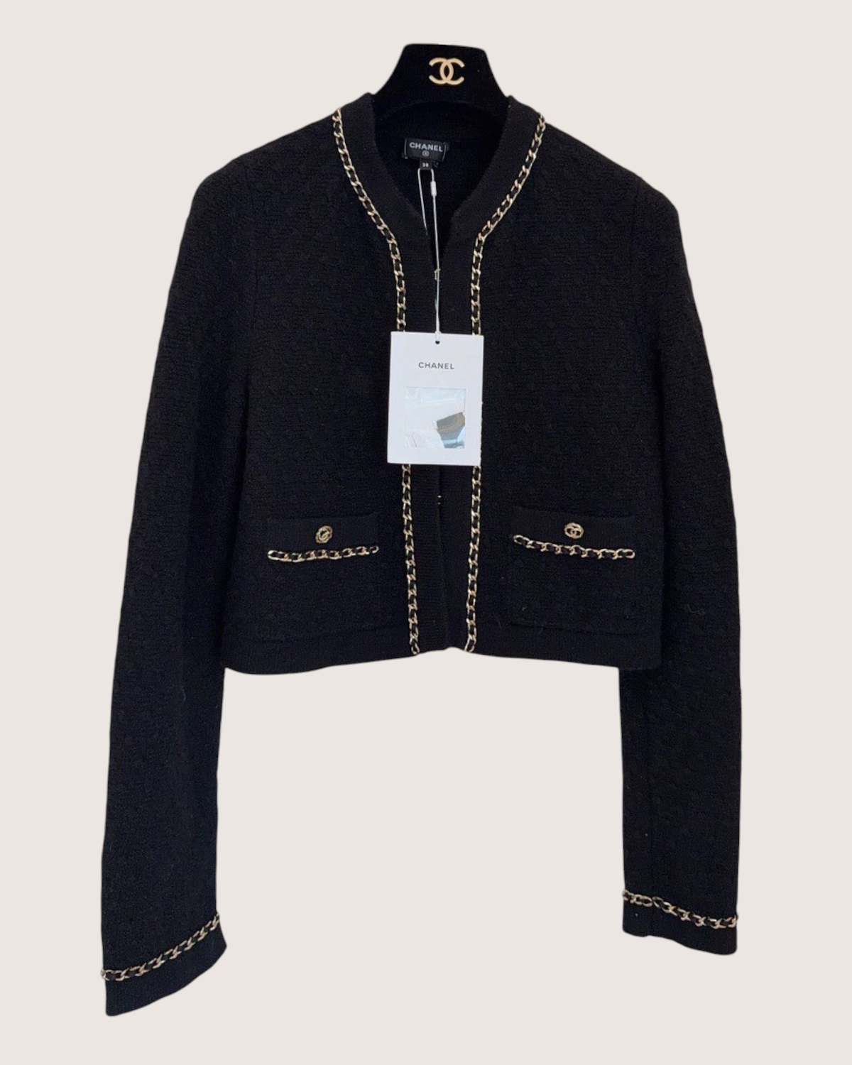 Chanel 23B Cashmere Chain-Trim Cropped Cardigan Black, Gold FR 38