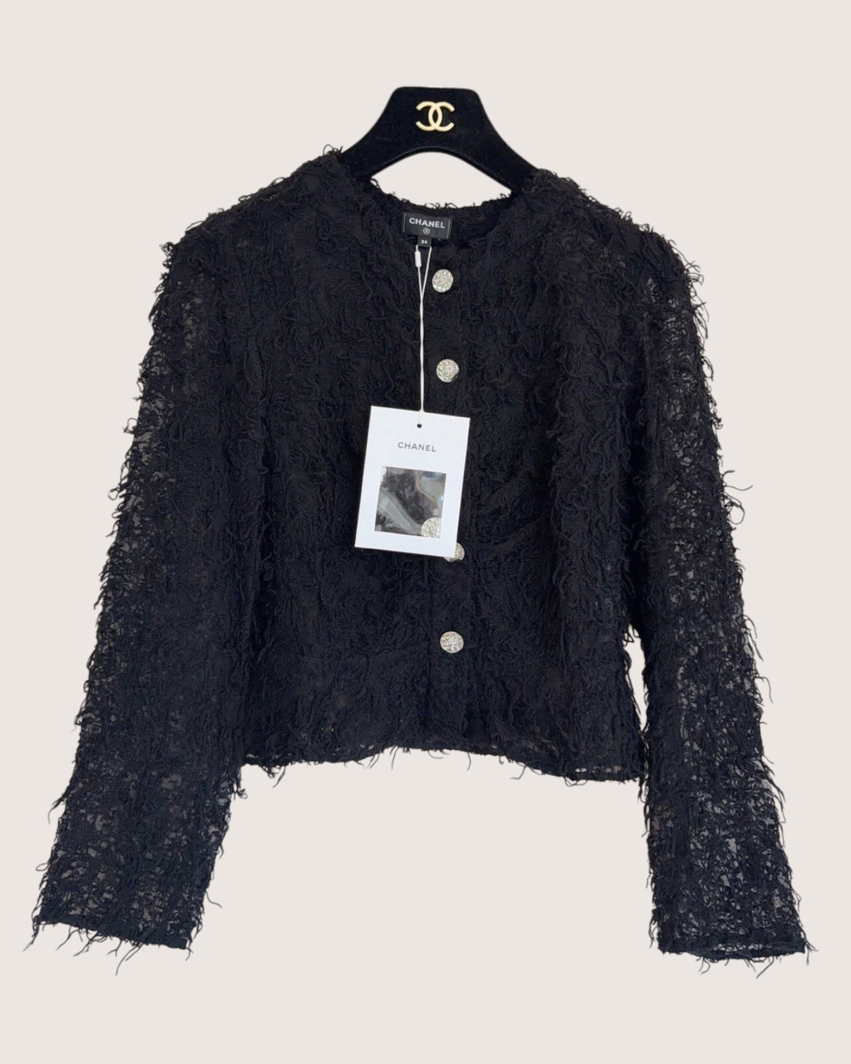Chanel 22A Wool Cropped Fringed Lace Jacket Black FR 34