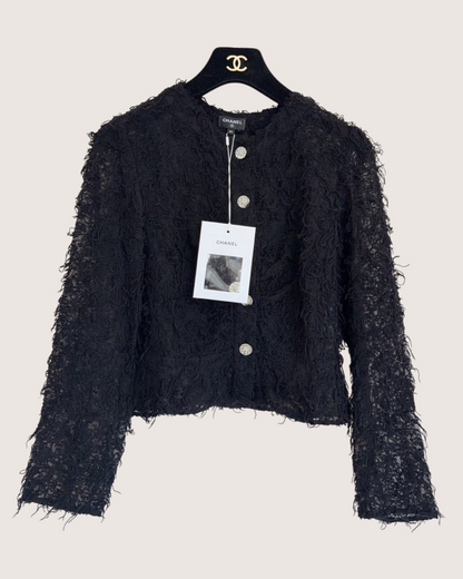 Chanel 22A Wool Cropped Fringed Lace Jacket Black FR 34