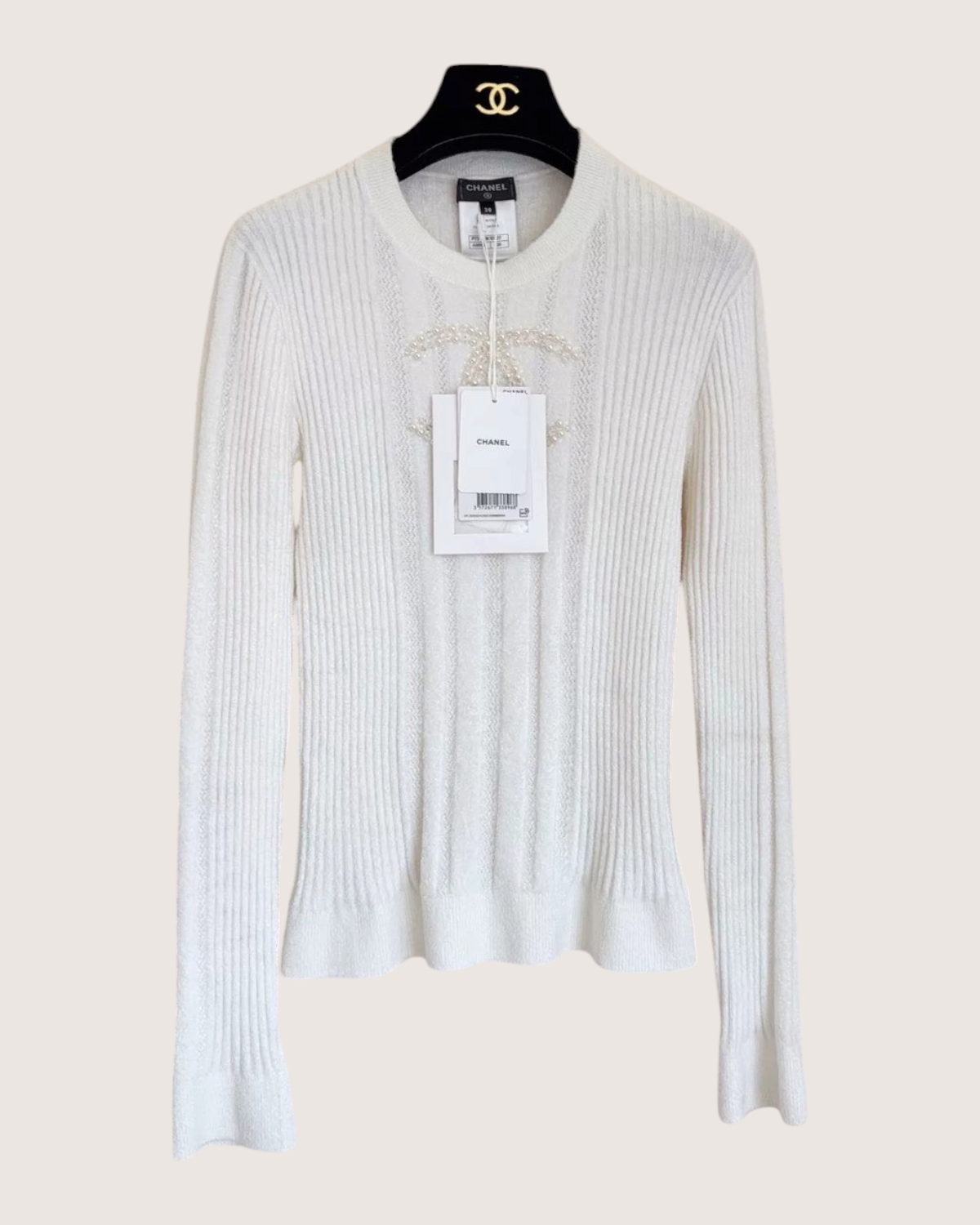 Chanel 22B Pearl CC Logo Sweater Top White FR 38