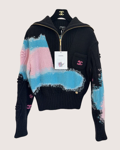 Chanel 22N Coco Neige Cashmere CC No. 5 Half-Zip Sweater Black, Blue, Pink FR 34