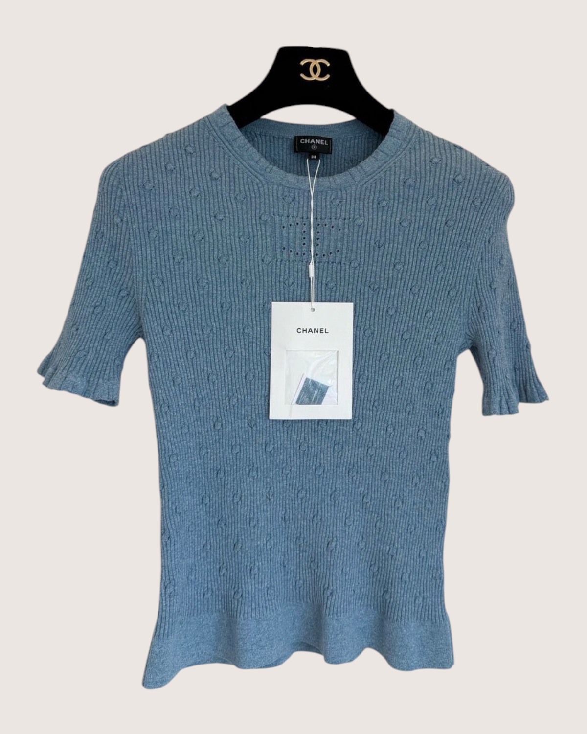 Chanel 25P CC Openwork Short-Sleeve Sweater Blue FR 34