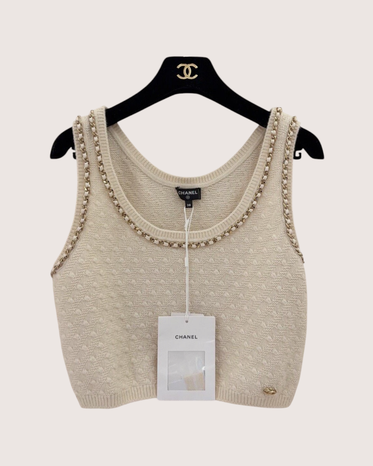 Chanel 23B Cashmere Chain-Trim Top Beige/Ecru, Gold FR 38