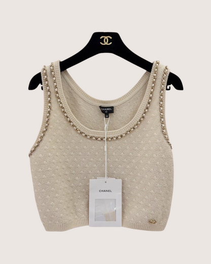 Chanel 23B Cashmere Chain-Trim Top Beige/Ecru, Gold FR 38