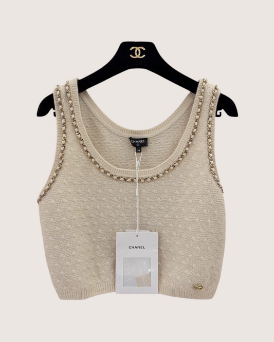 Chanel 23B Cashmere Chain-Trim Top Beige/Ecru, Gold FR 38