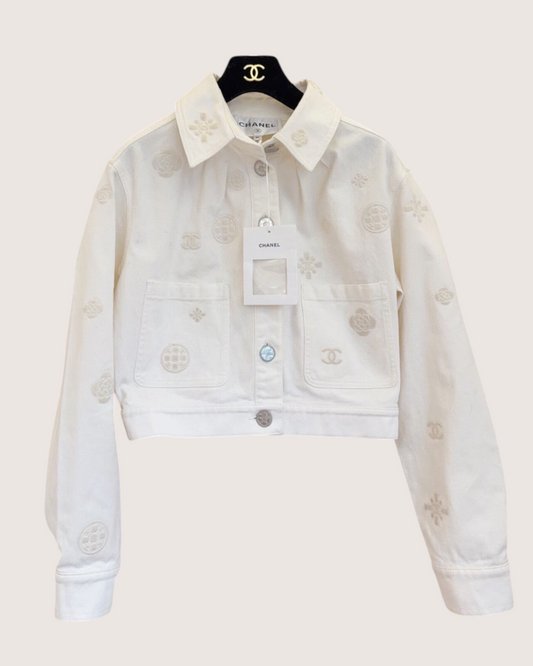 Chanel 21P Camellia Denim Jacket White, Beige/Ecru FR 34