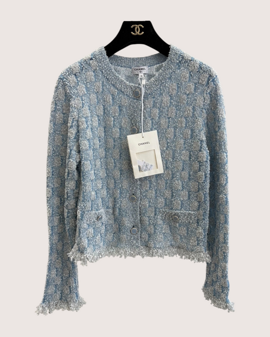 Chanel 26C Shimmer Bouclé Cardigan - Blue, White, Silver